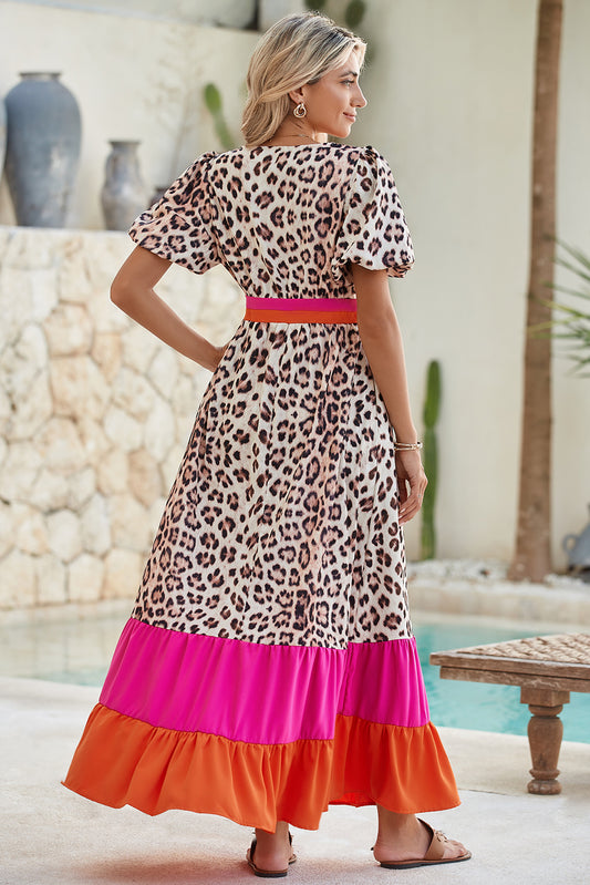 V-neck Leopard Print Colorblock Maxi Dress