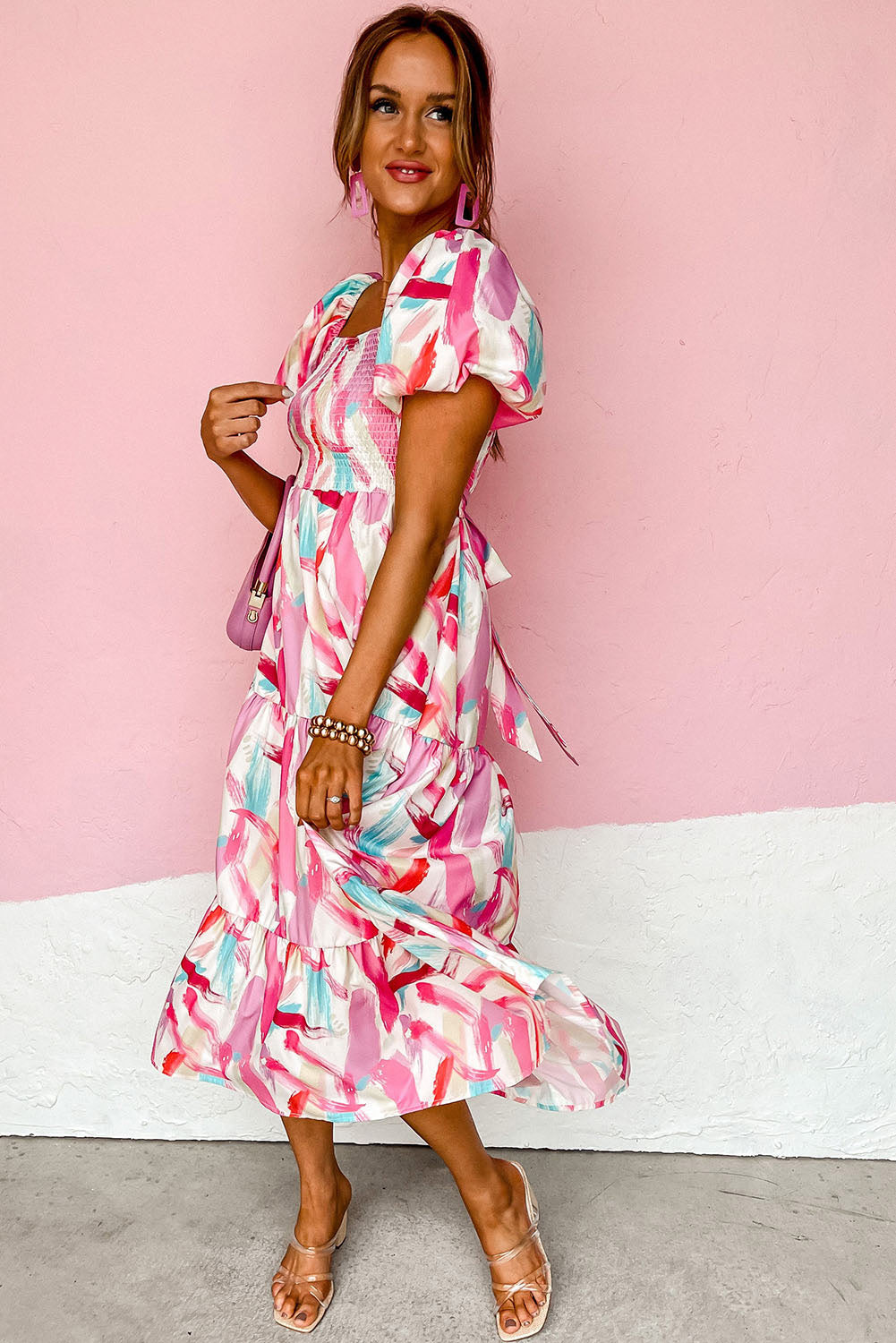 Brush Stroke Printed Smocked Ruffle Tiered Dress