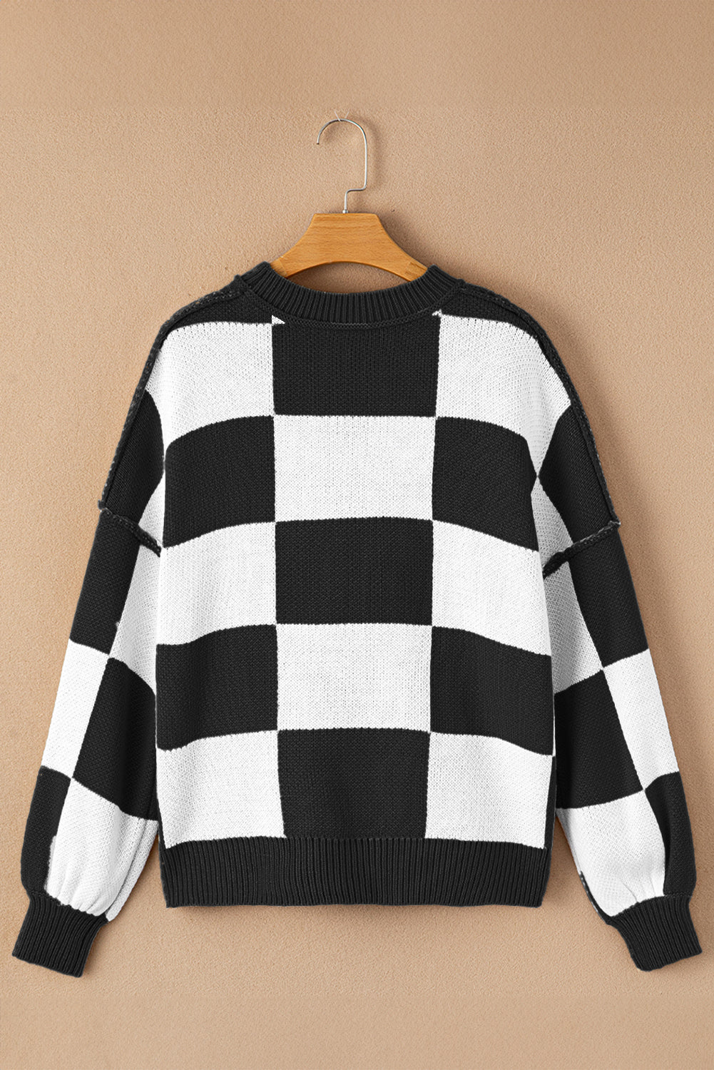 Checked Bishop Sleeve Pullover Sweater