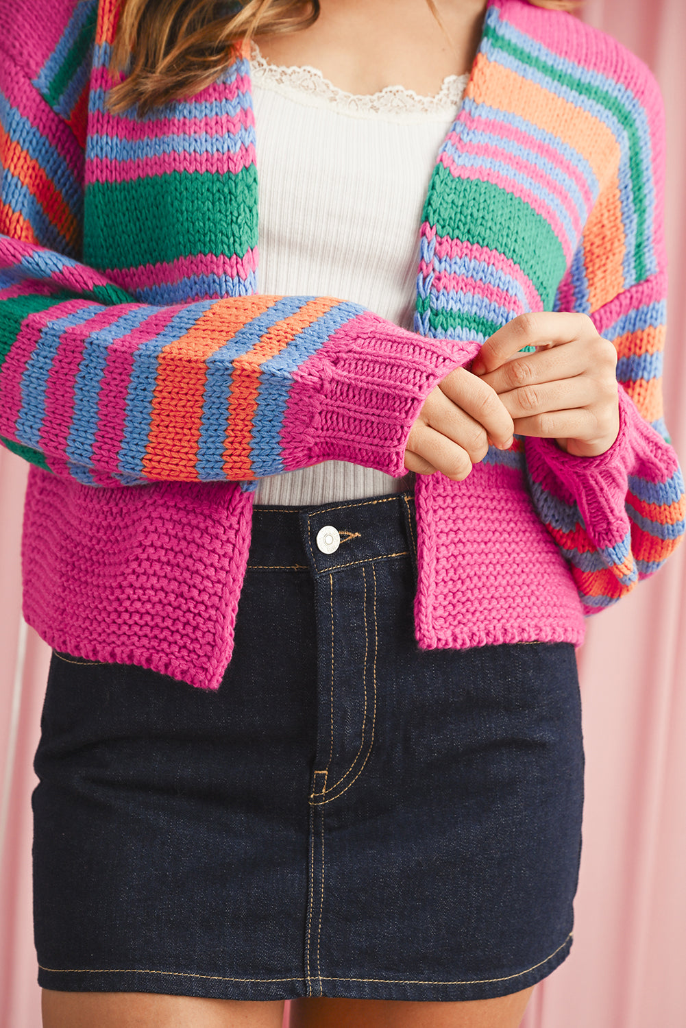 Rosie Striped Puff Sleeve Open Front Cardigan