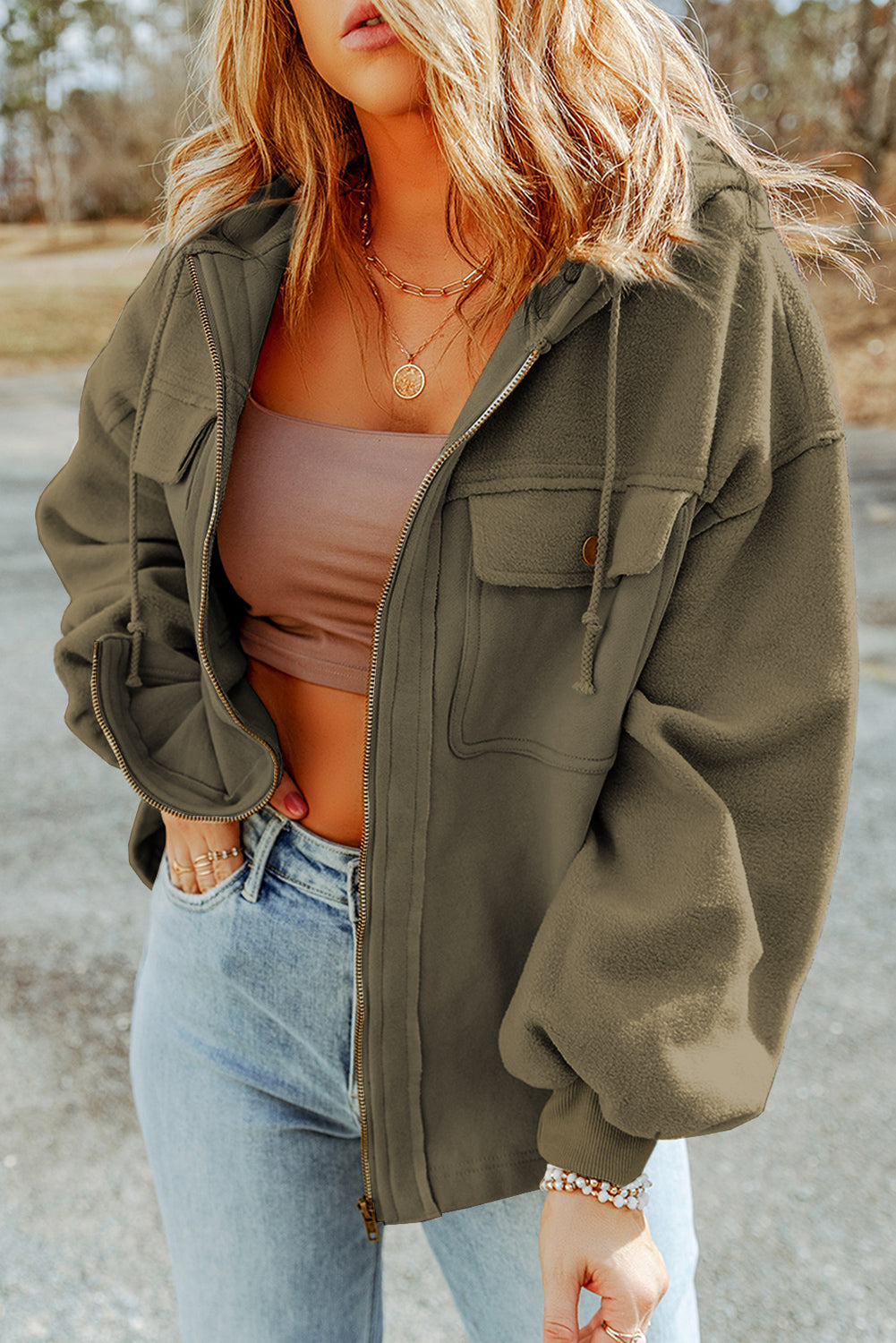 Flap Pockets Bishop Sleeve Zip Up Hoodie