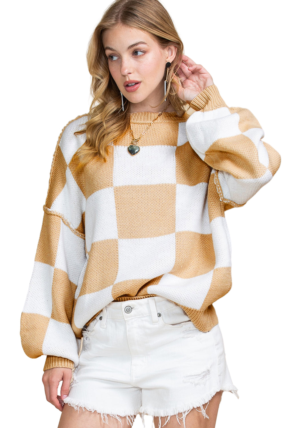 Checked Bishop Sleeve Pullover Sweater
