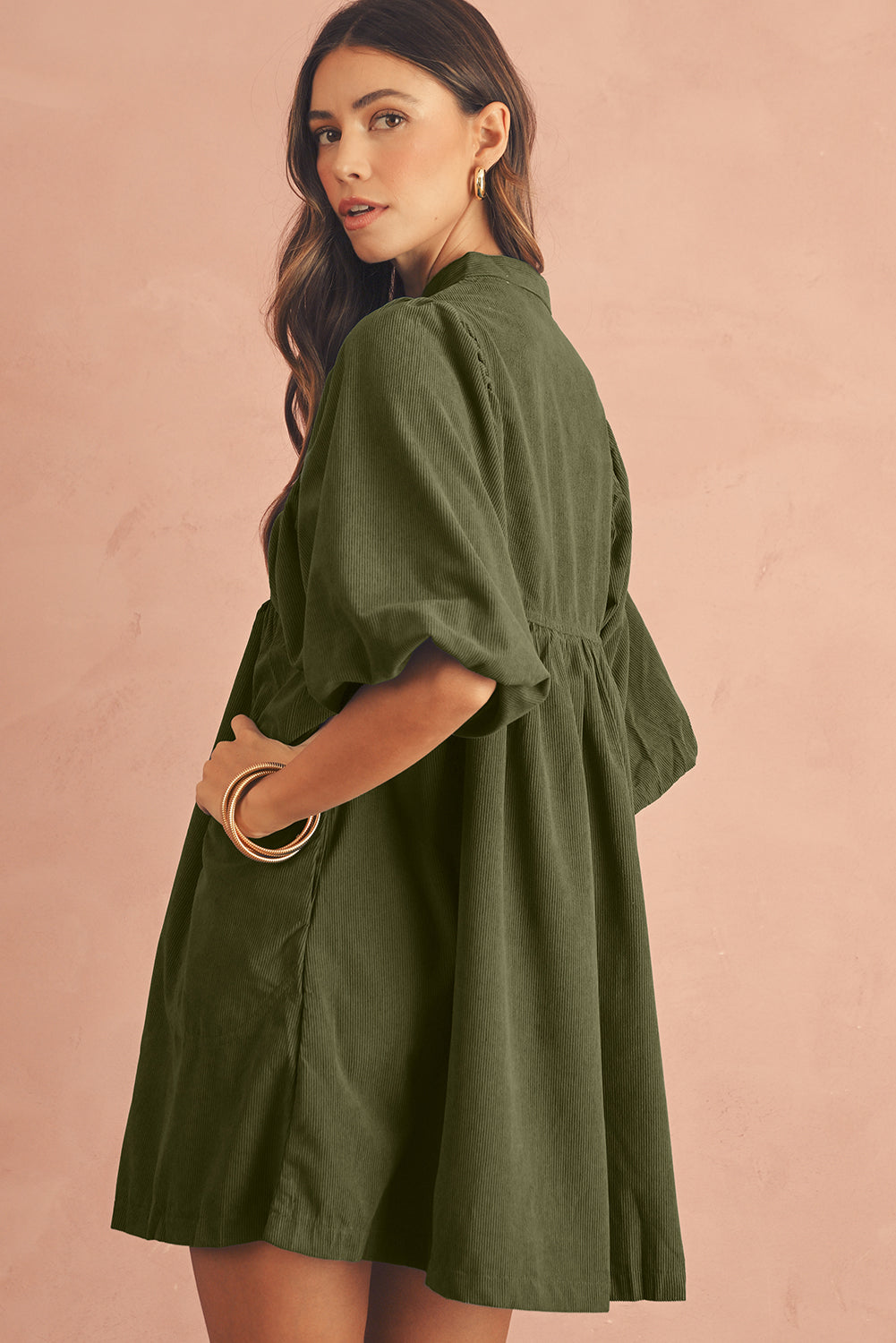Corduroy Empire Waist Lantern Sleeve Dress