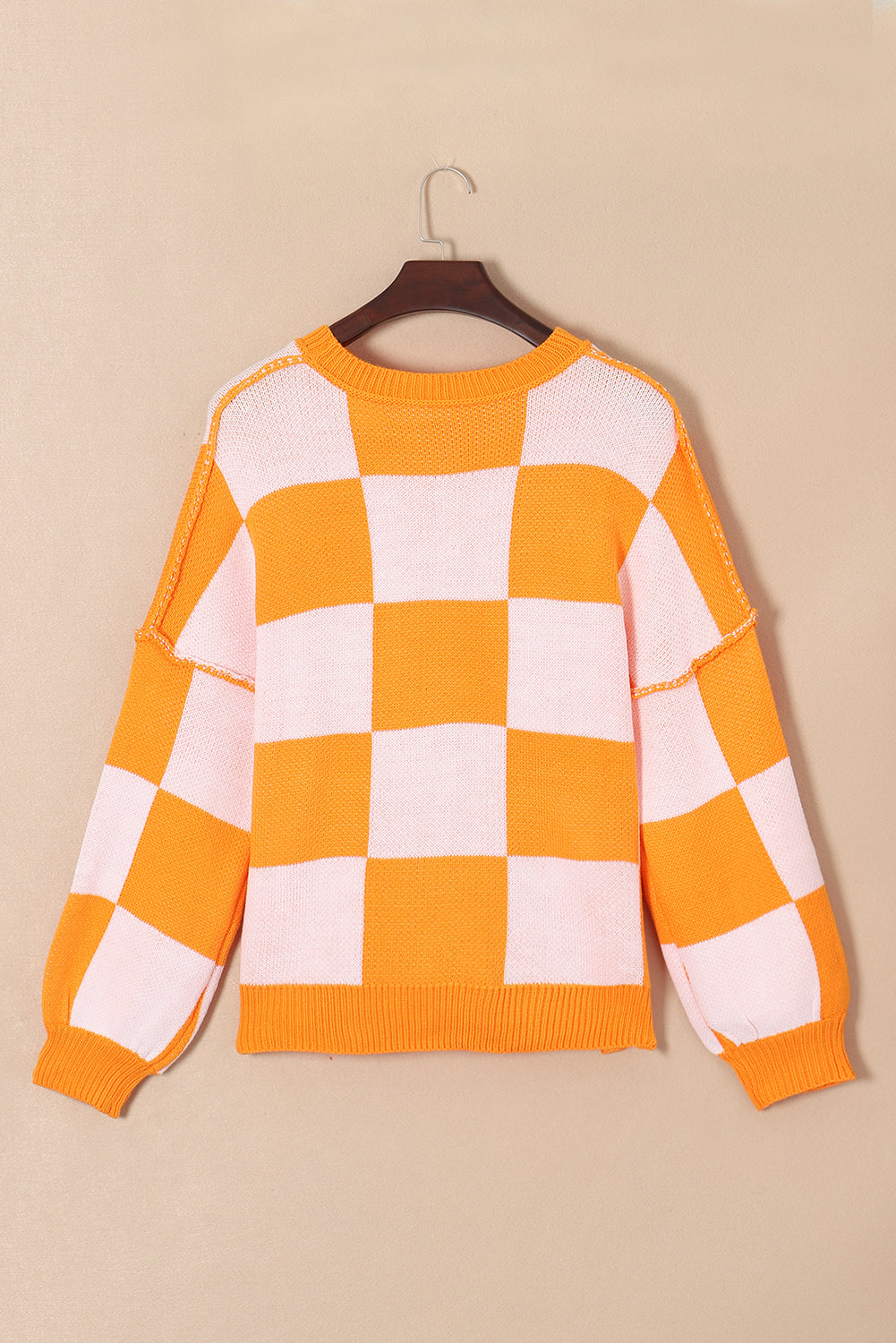Checked Bishop Sleeve Pullover Sweater