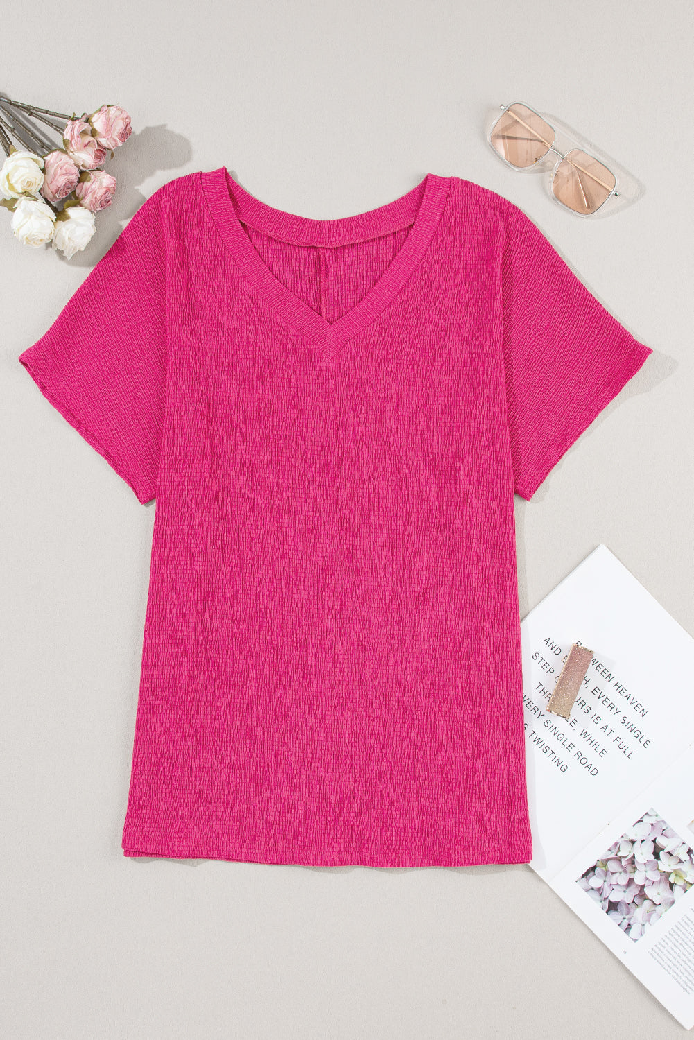 Basic Plain Textured V Neck T-Shirt