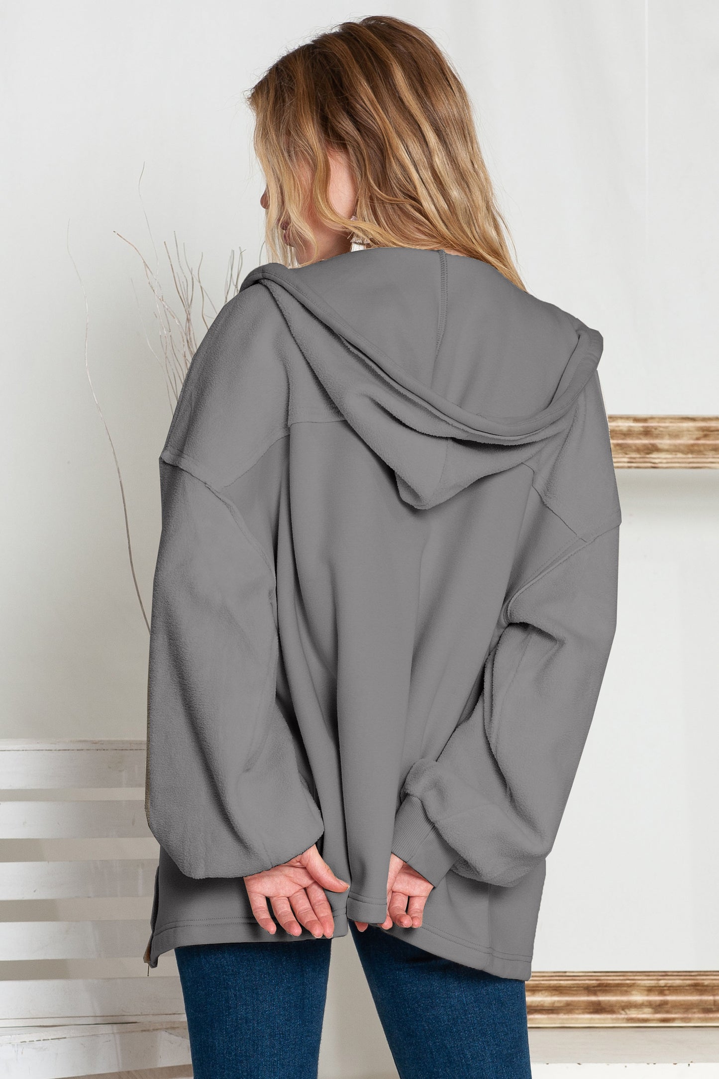 Flap Pockets Bishop Sleeve Zip Up Hoodie
