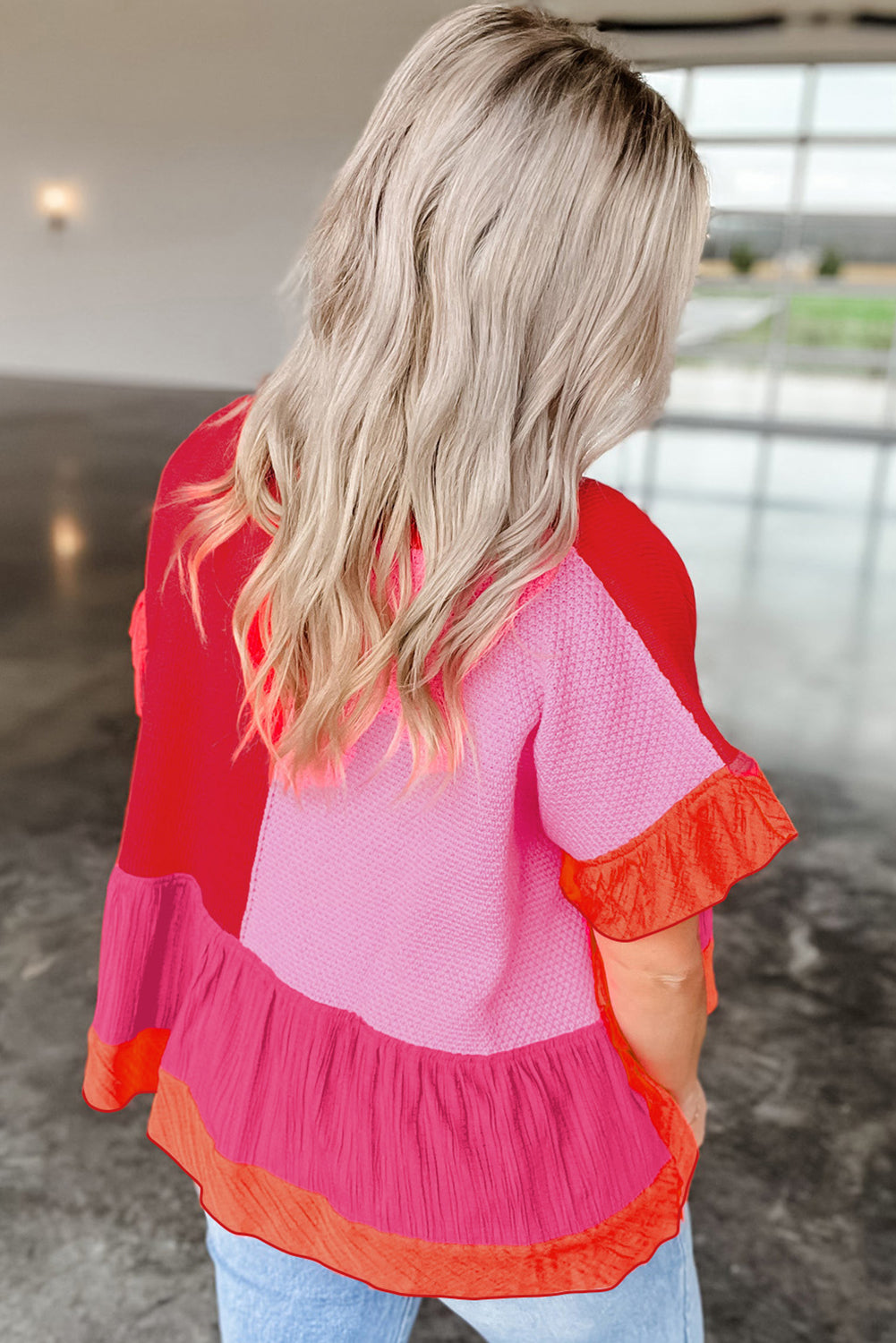Color-Block Patchwork Ruffle Trim T-Shirt