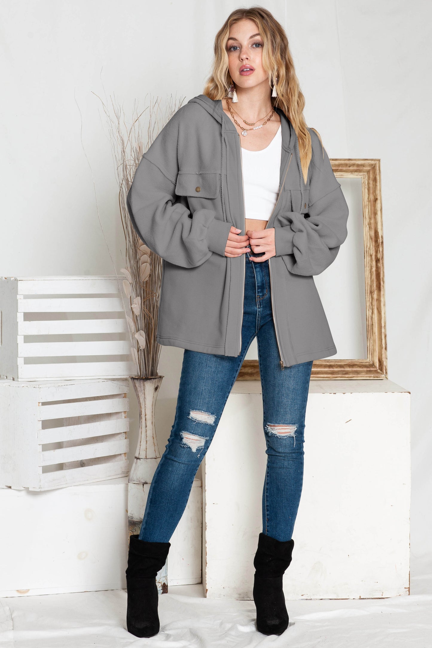 Flap Pockets Bishop Sleeve Zip Up Hoodie