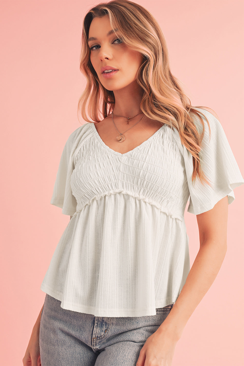Smocked V-Neck Flutter Sleeve Blouse
