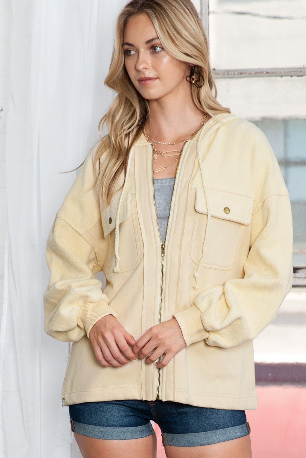 Flap Pockets Bishop Sleeve Zip Up Hoodie