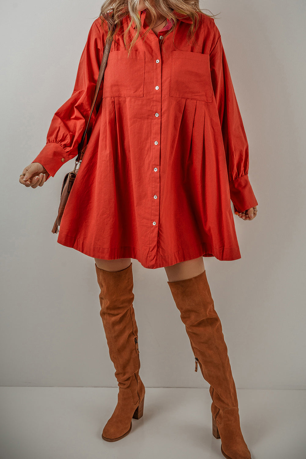 Chérie Bishop Sleeve Button-Up Pleated Mini Shirt Dress