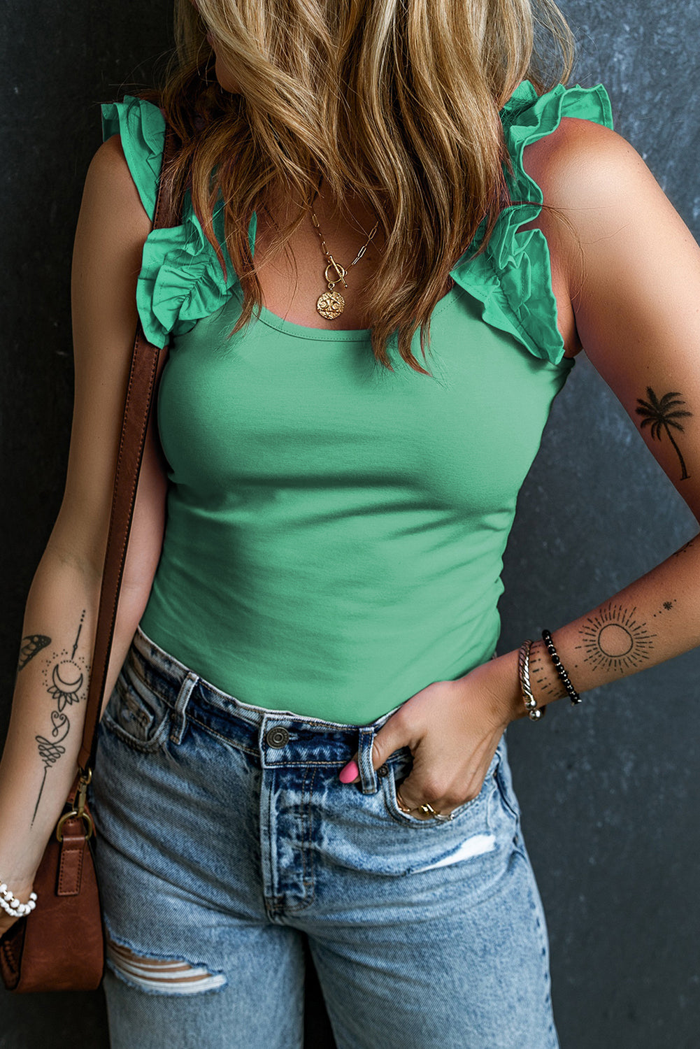 Solid Ruffle Strap Top
