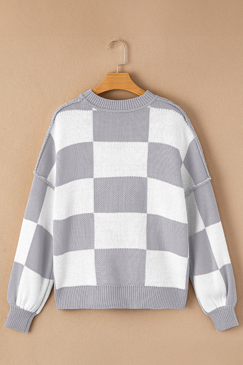 Checked Bishop Sleeve Pullover Sweater