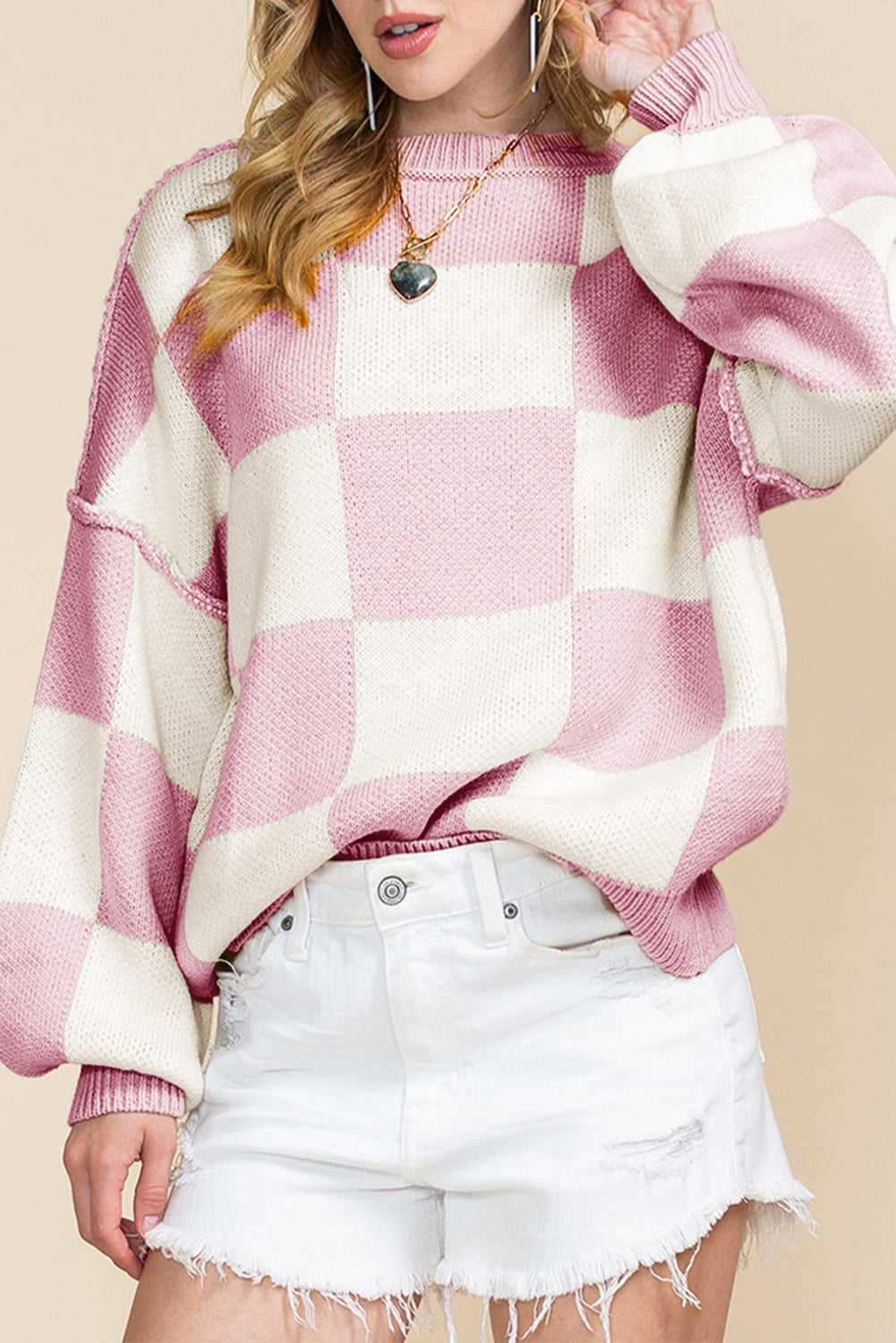 Checked Bishop Sleeve Pullover Sweater