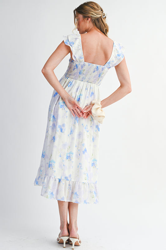 Sky Blue Floral Smocked Maxi Dress