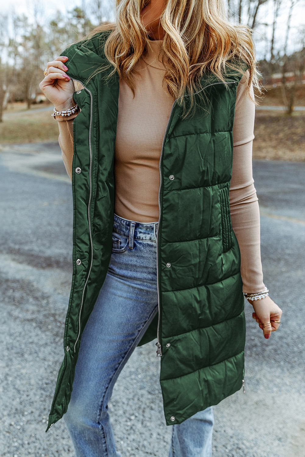 Elaine Hooded Quilted Long Vest Coat