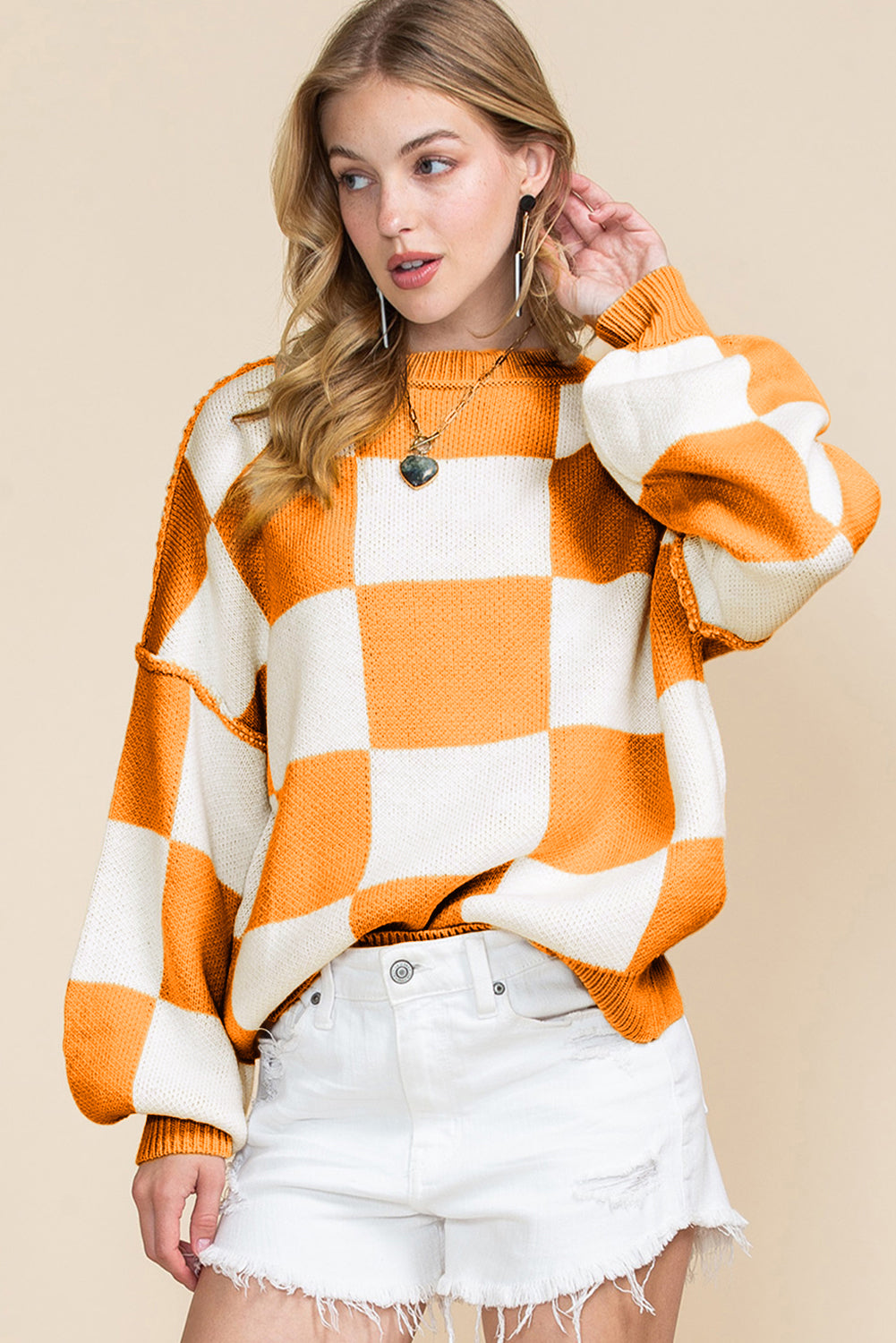 Checked Bishop Sleeve Pullover Sweater