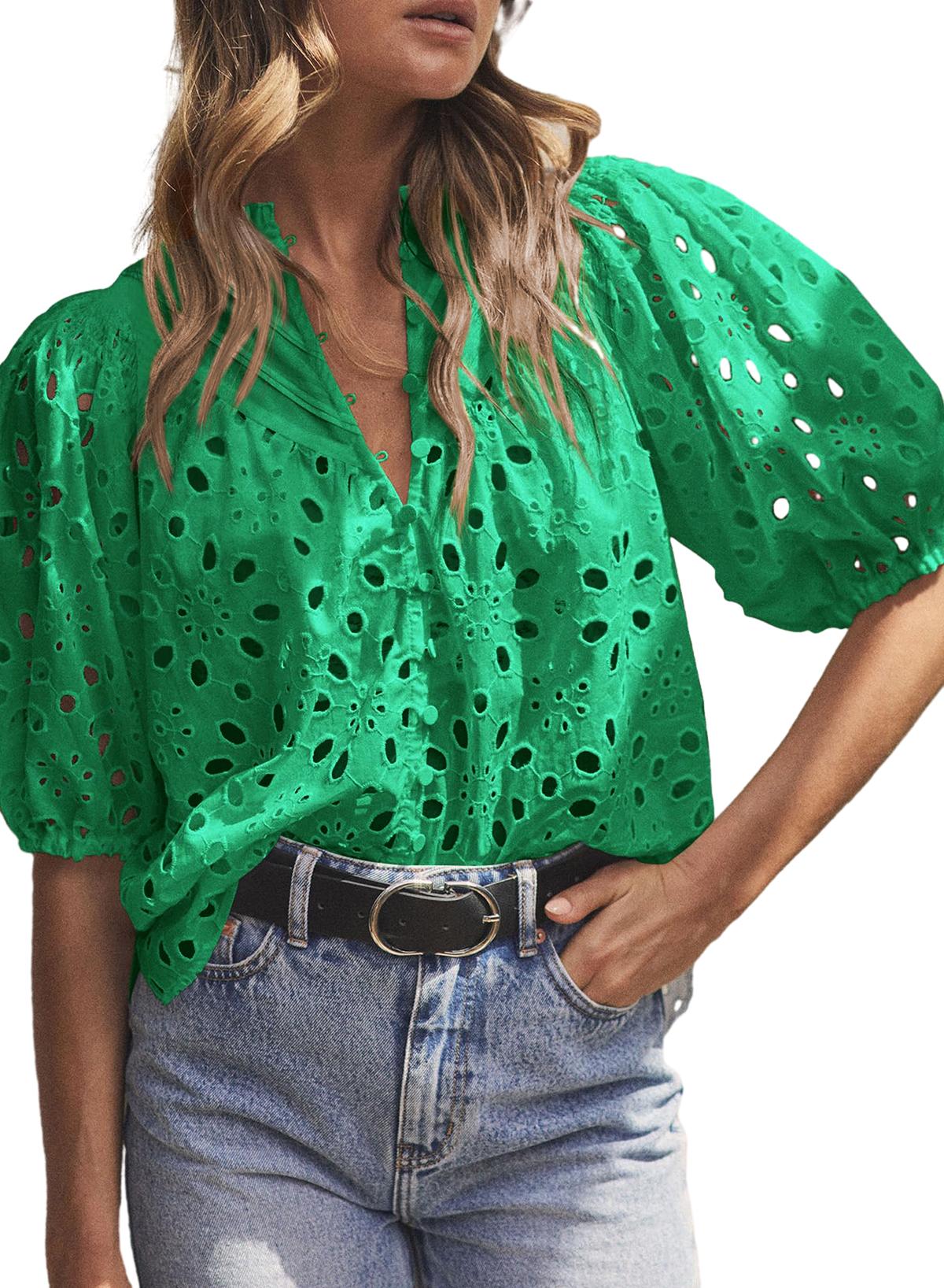 Eyelet Short Puff Sleeve Blouse