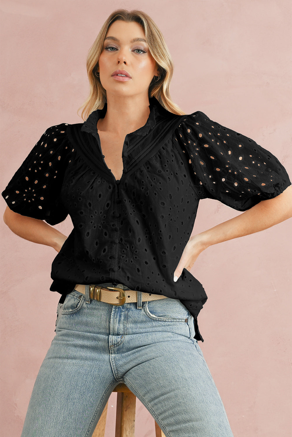 Eyelet Short Puff Sleeve Blouse