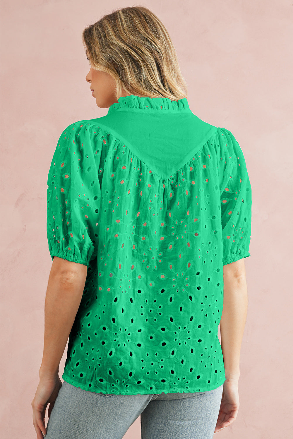 Eyelet Short Puff Sleeve Blouse