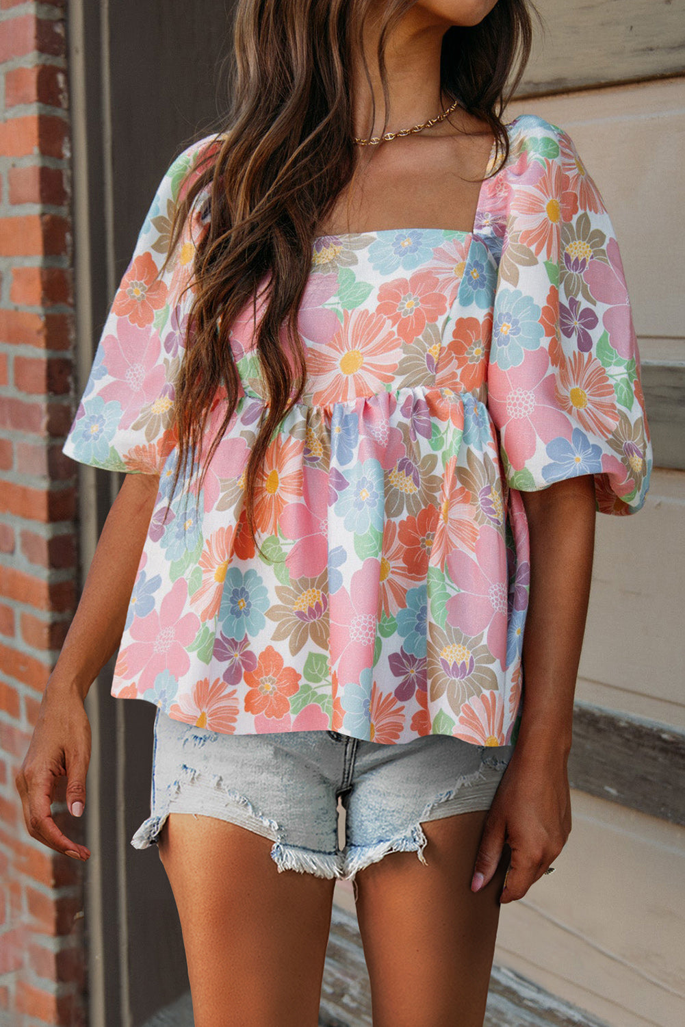 Floral Puff Sleeve Square Neck Peplum Blouse