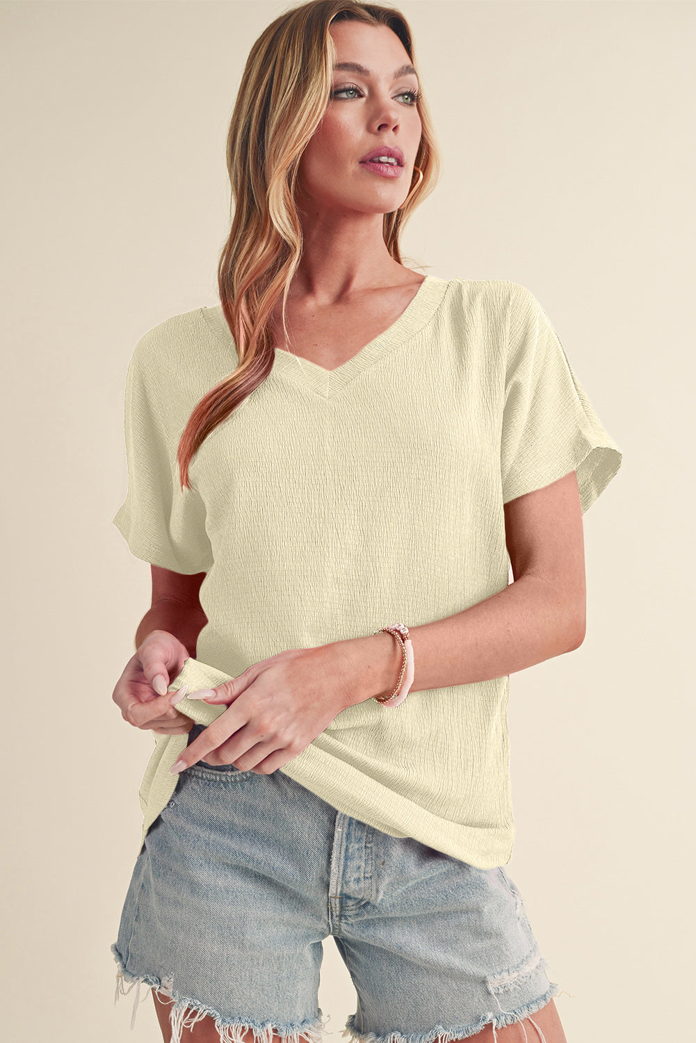 Basic Plain Textured V Neck T-Shirt