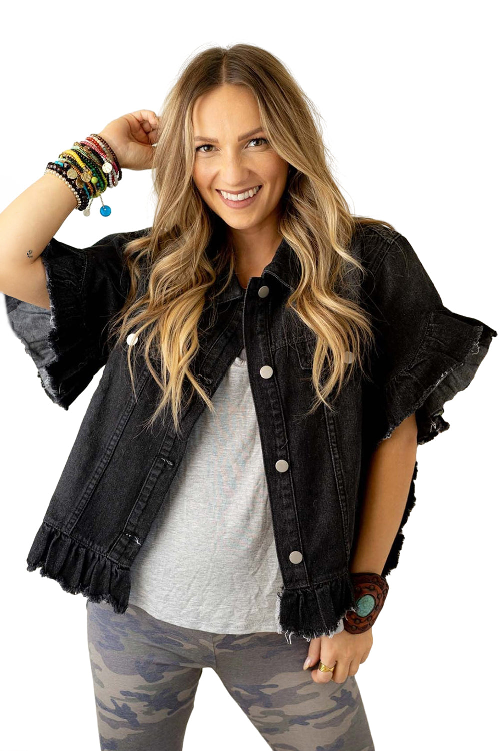 Sia Raw Edge Ruffle Short Sleeve Denim Jacket