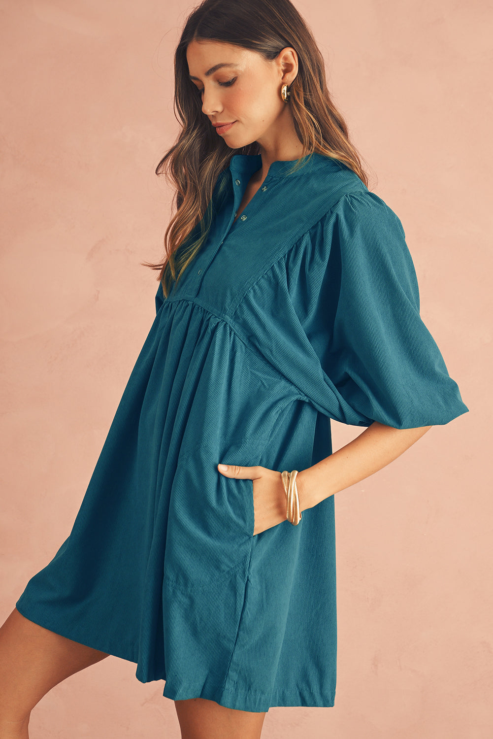 Corduroy Empire Waist Lantern Sleeve Dress