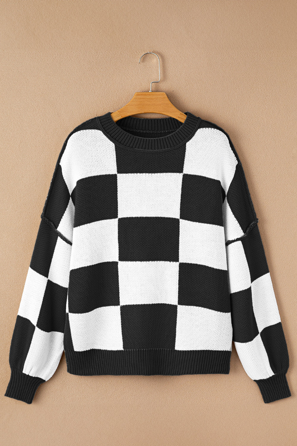 Checked Bishop Sleeve Pullover Sweater
