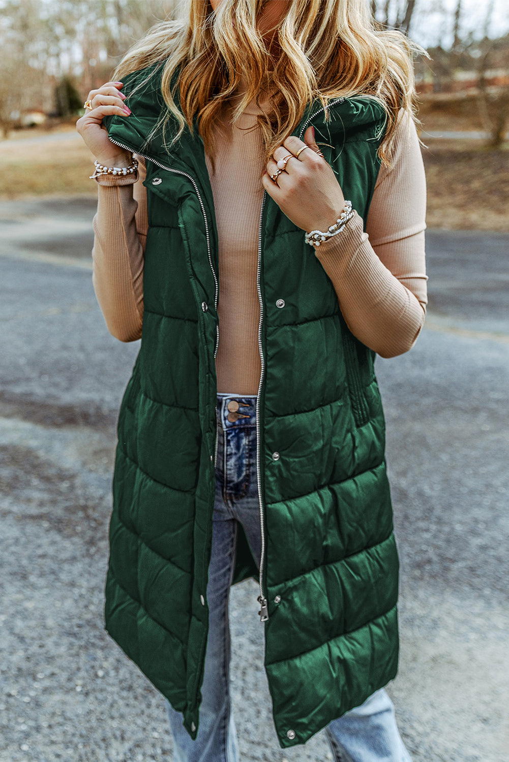 Elaine Hooded Quilted Long Vest Coat