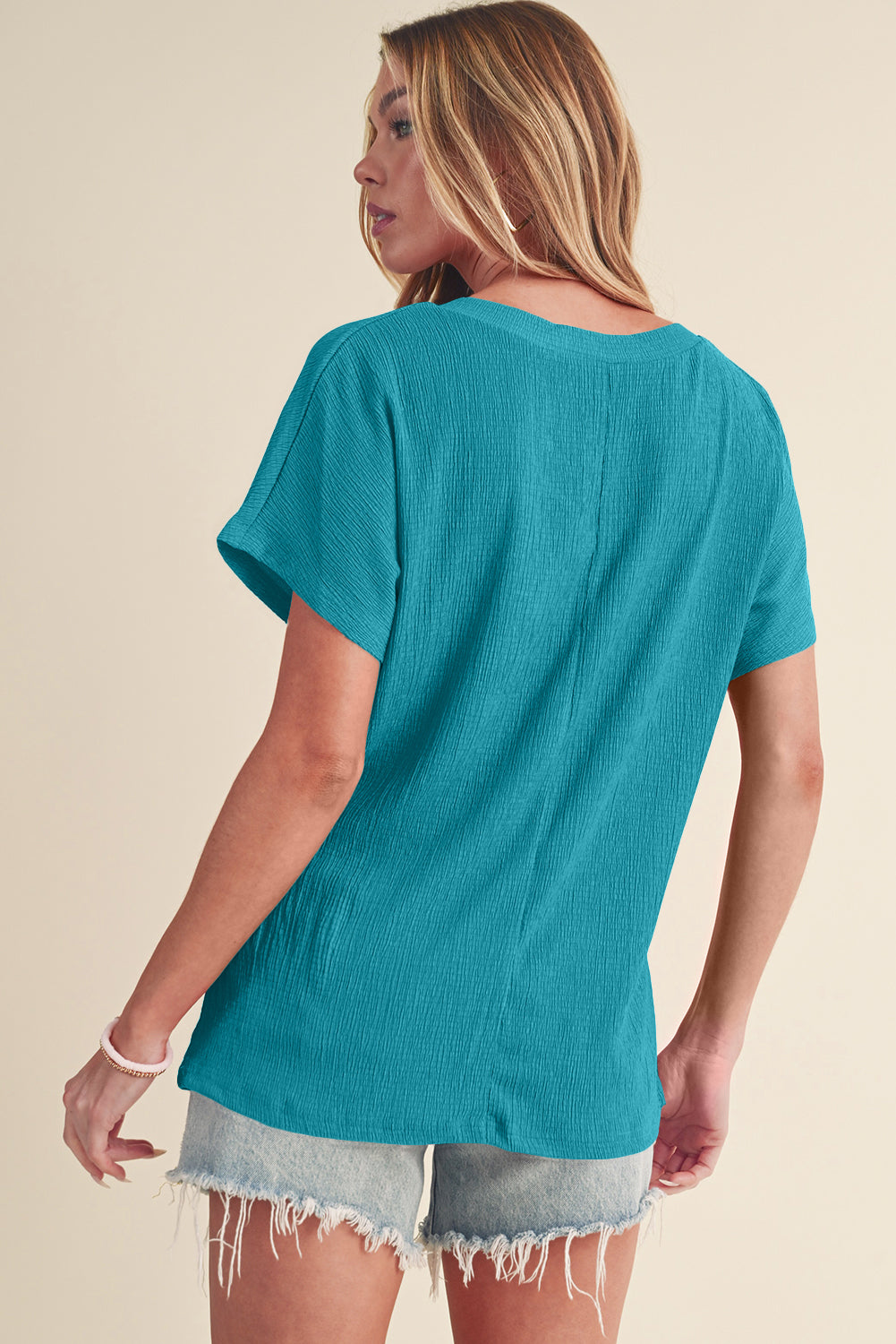 Basic Plain Textured V Neck T-Shirt