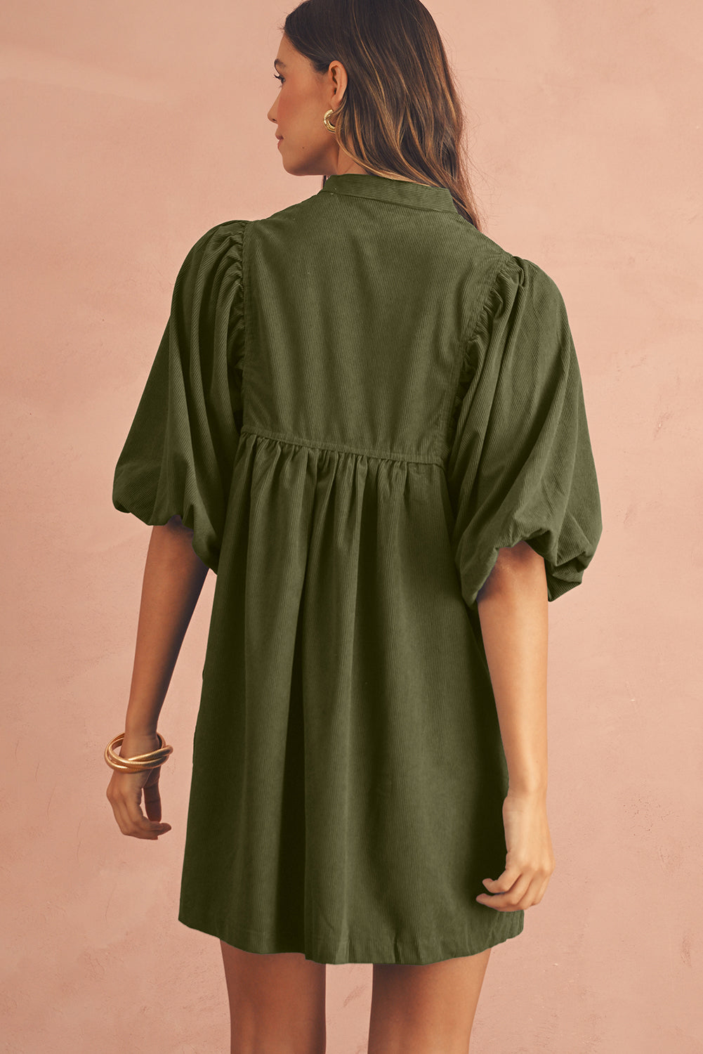 Corduroy Empire Waist Lantern Sleeve Dress