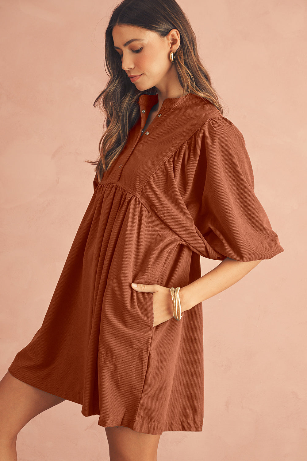Corduroy Empire Waist Lantern Sleeve Dress