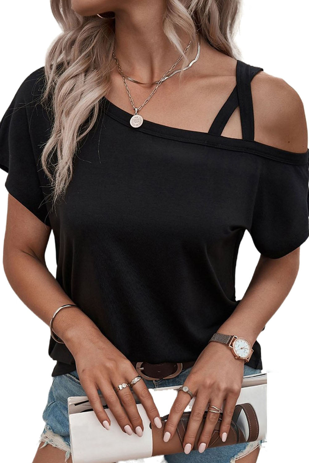 Black Asymmetric Criss Cross Cold Shoulder T-Shirt
