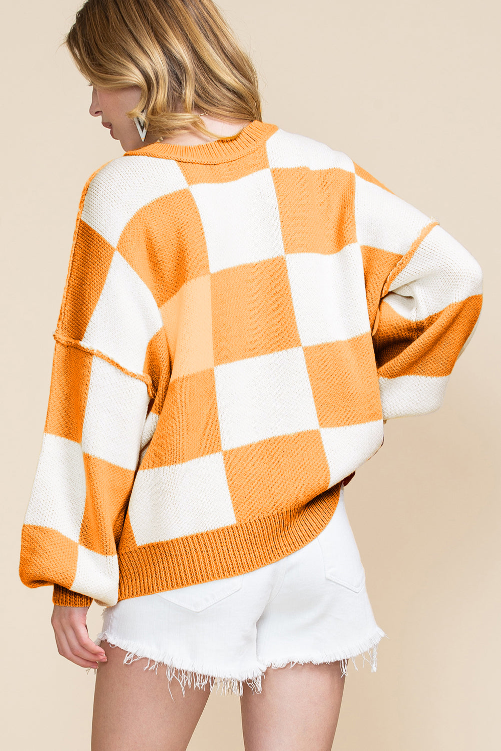 Checked Bishop Sleeve Pullover Sweater