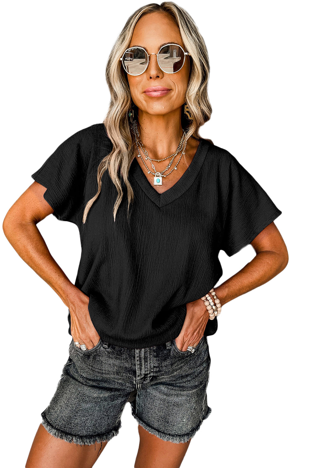 Basic Plain Textured V Neck T-Shirt