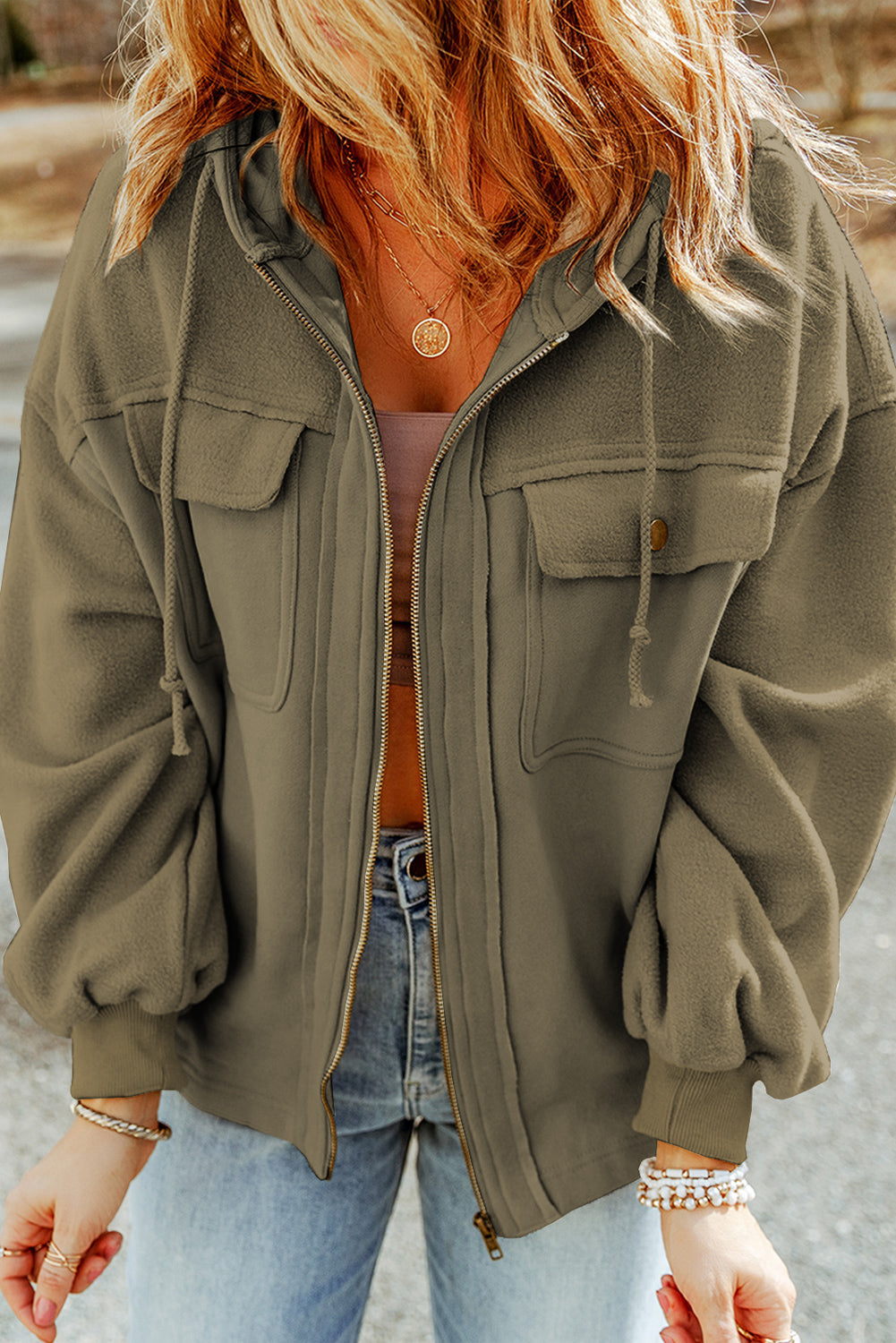 Flap Pockets Bishop Sleeve Zip Up Hoodie