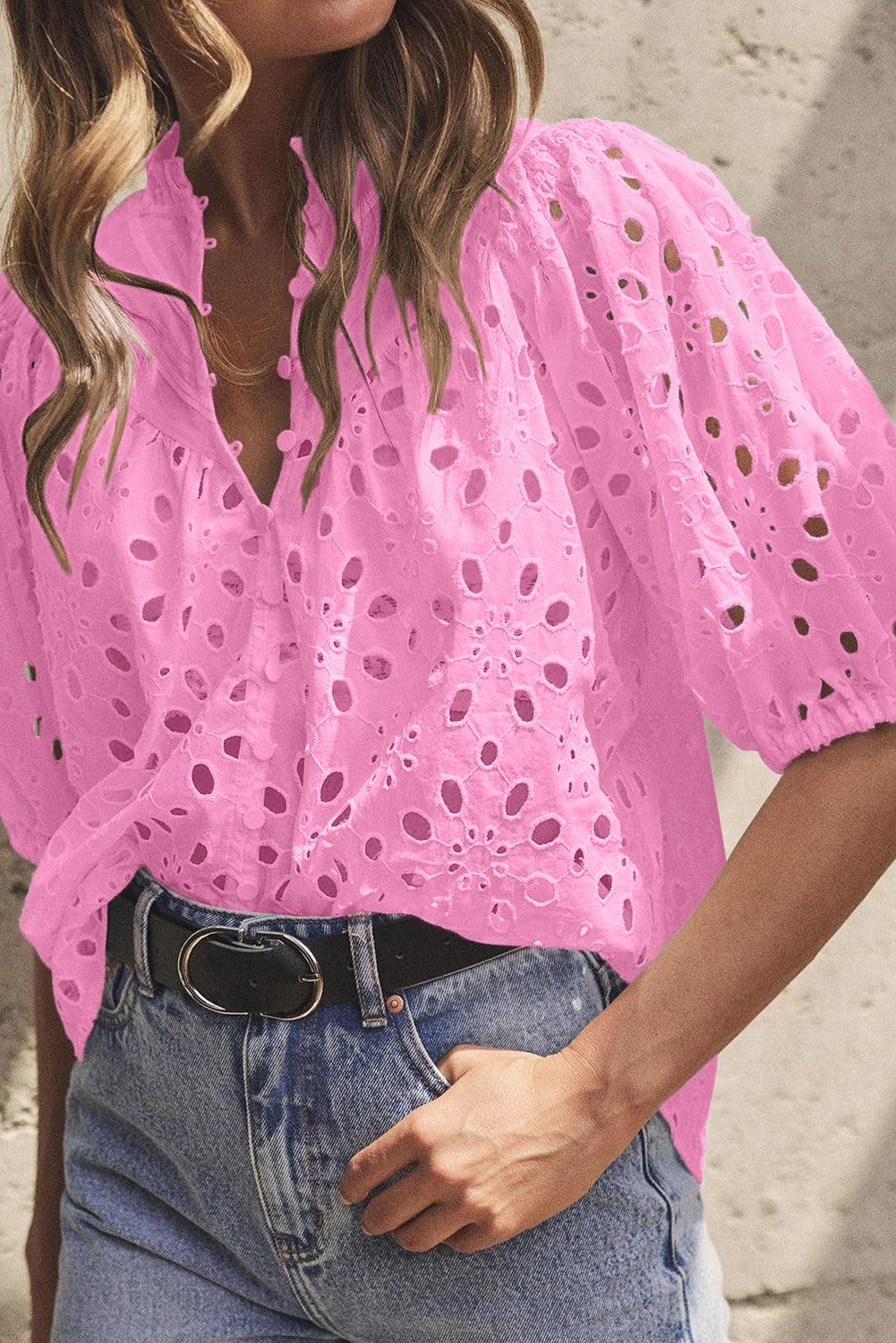 Eyelet Short Puff Sleeve Blouse