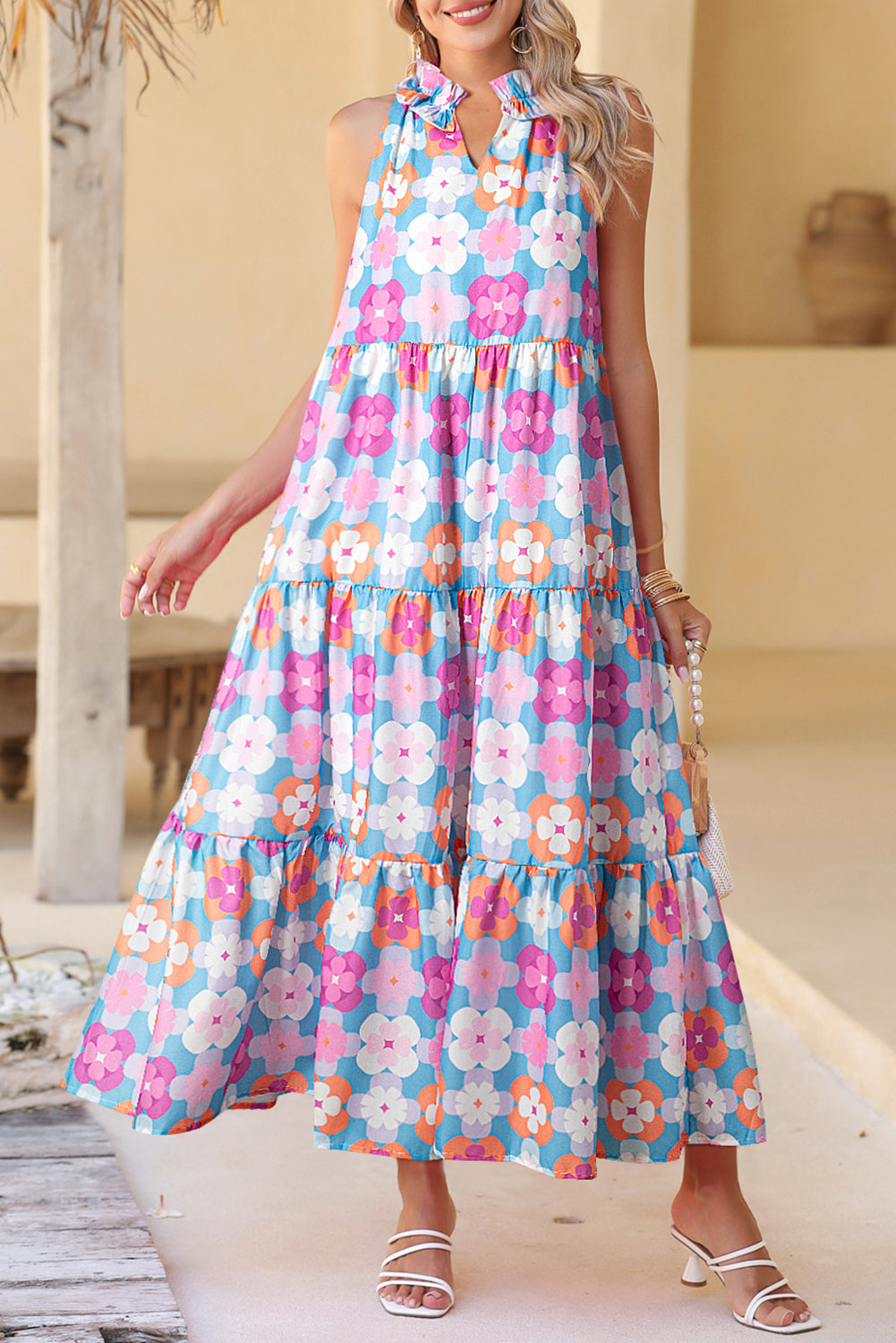 Lina Retro Floral Sleeveless Tiered Maxi Dress