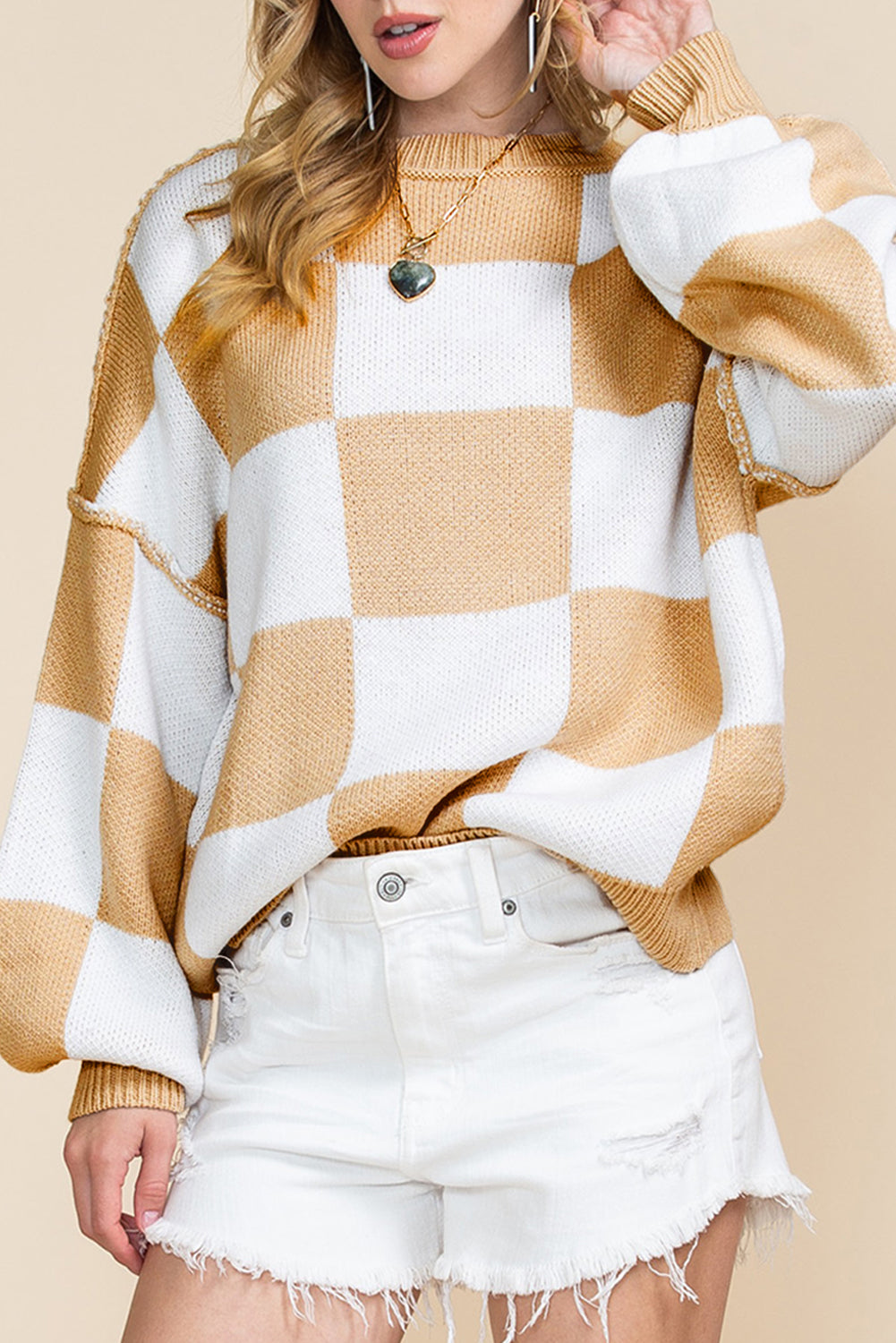 Checked Bishop Sleeve Pullover Sweater