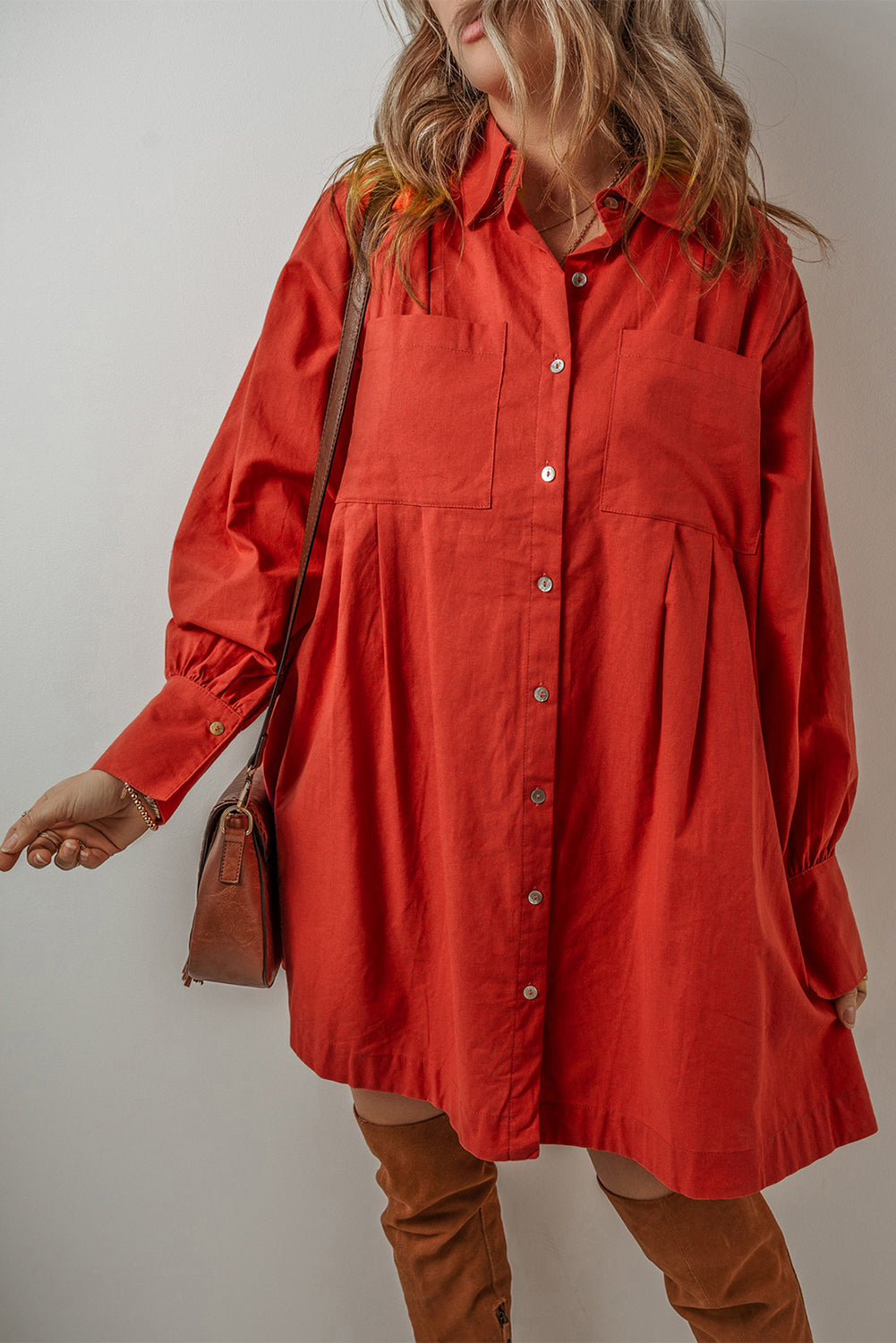 Chérie Bishop Sleeve Button-Up Pleated Mini Shirt Dress