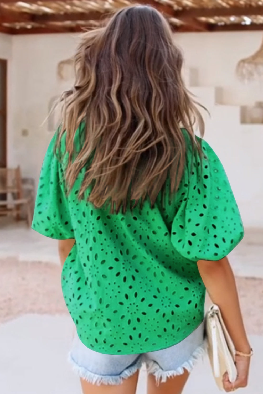 Eyelet Short Puff Sleeve Blouse