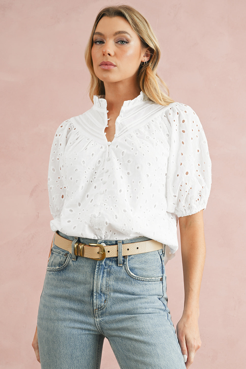 Eyelet Short Puff Sleeve Blouse
