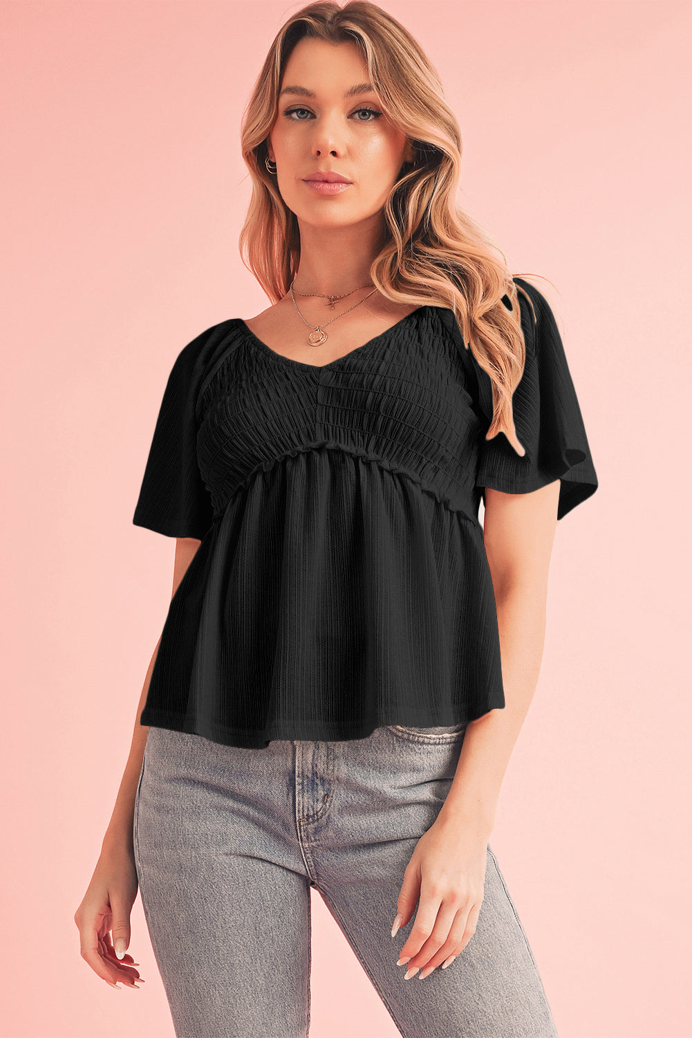 Smocked V-Neck Flutter Sleeve Blouse