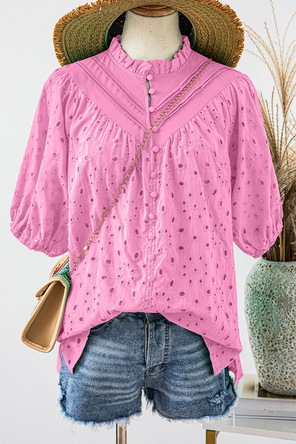 Eyelet Short Puff Sleeve Blouse