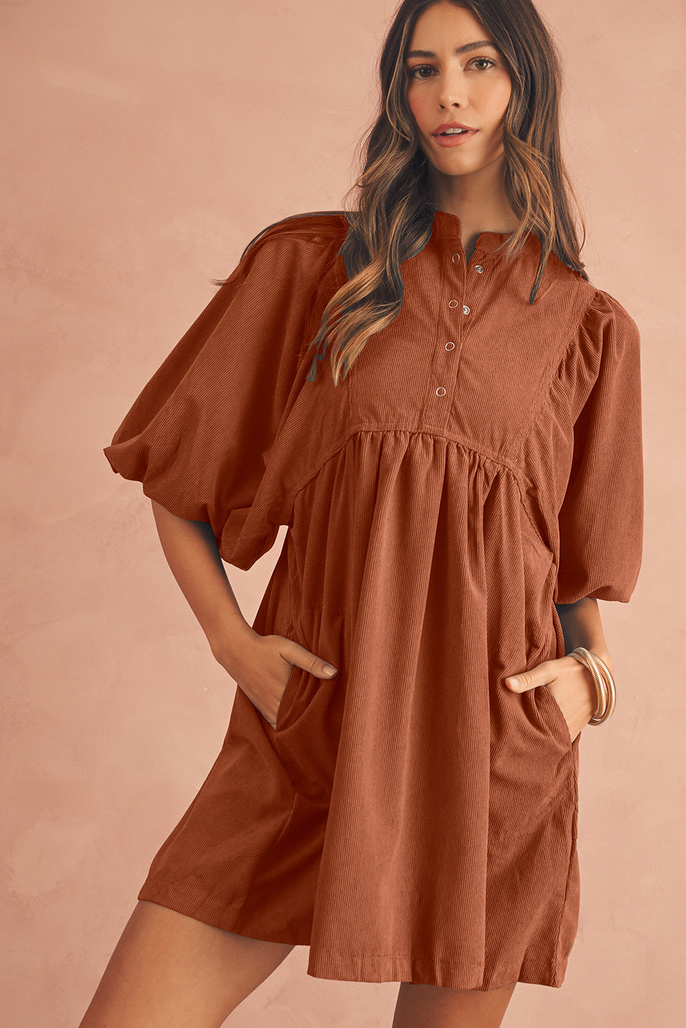 Corduroy Empire Waist Lantern Sleeve Dress