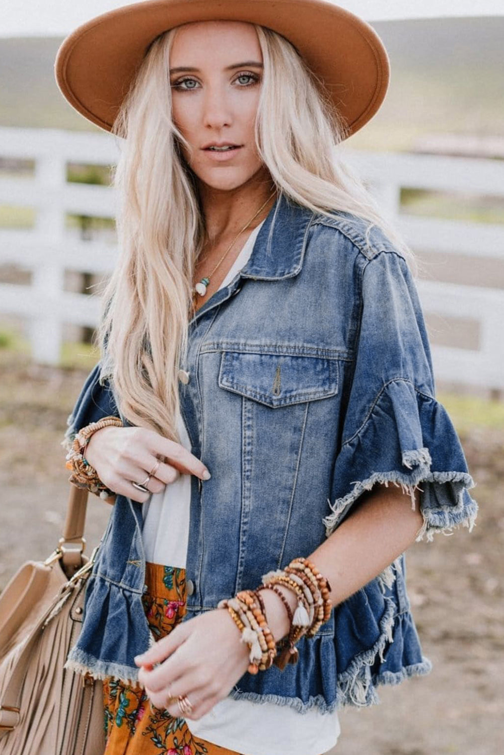 Sia Raw Edge Ruffle Short Sleeve Denim Jacket