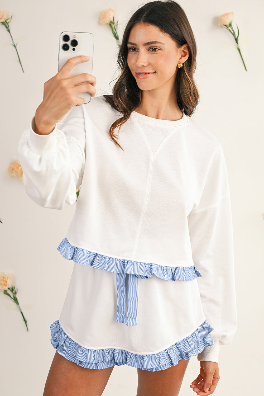 Sydney Ruffle Hem Long Sleeve Pullover and Shorts Set