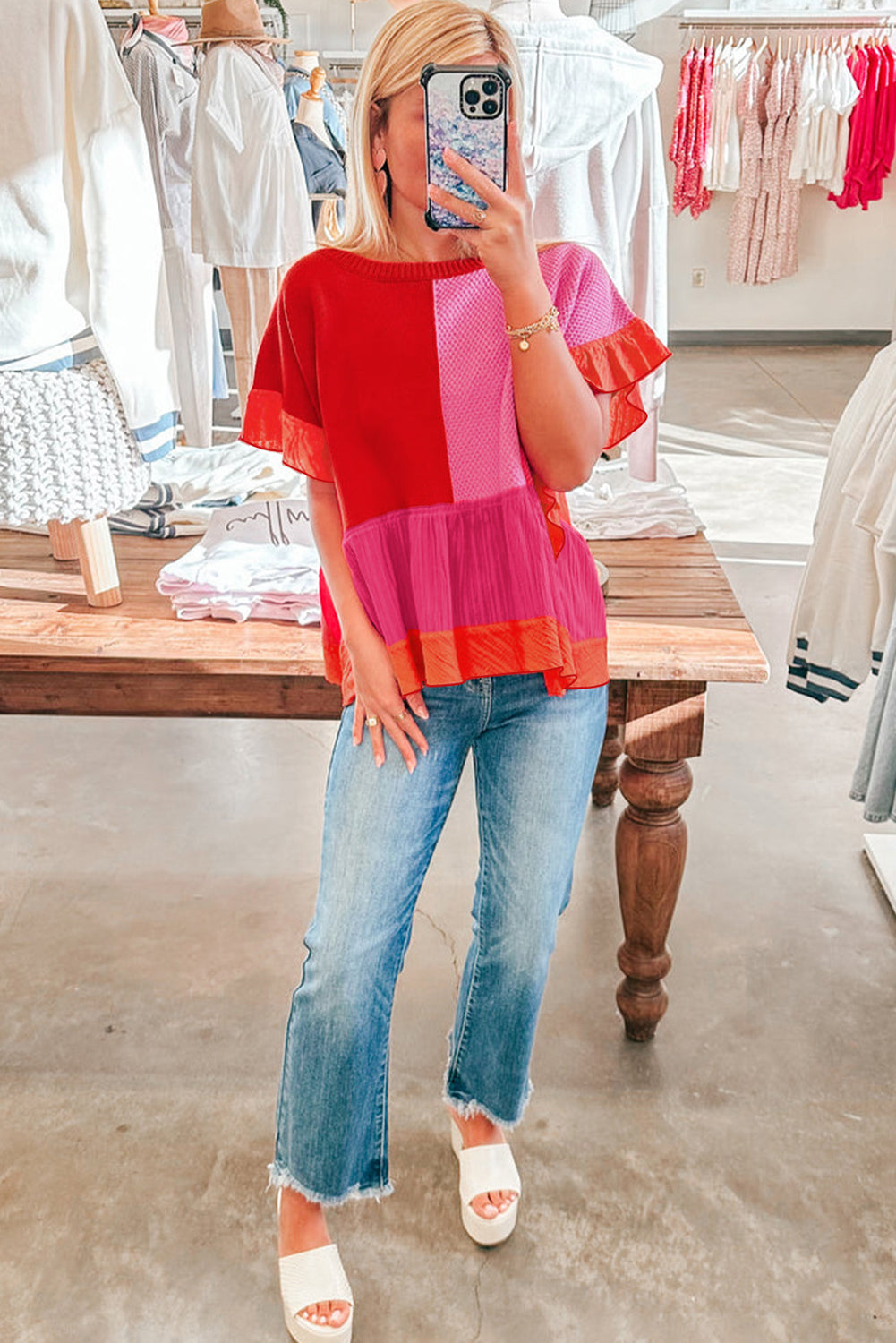 Color-Block Patchwork Ruffle Trim T-Shirt