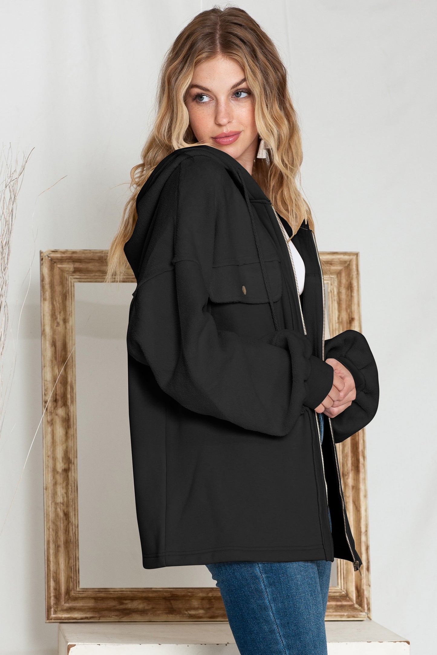 Flap Pockets Bishop Sleeve Zip Up Hoodie